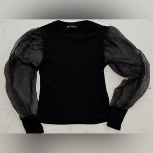Zara Black Blouse with Sheer Sleeves